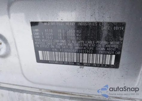 2015 Subaru Legacy 2.5I Premium из США, поврежденный, VIN 4S3BNAD6XF3022903